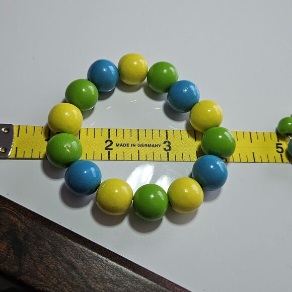 Yellow, Blue Green Silver Tone Matching Wood Beaded Earrings Bracelet Set 7.25" - Picture 14 of 16